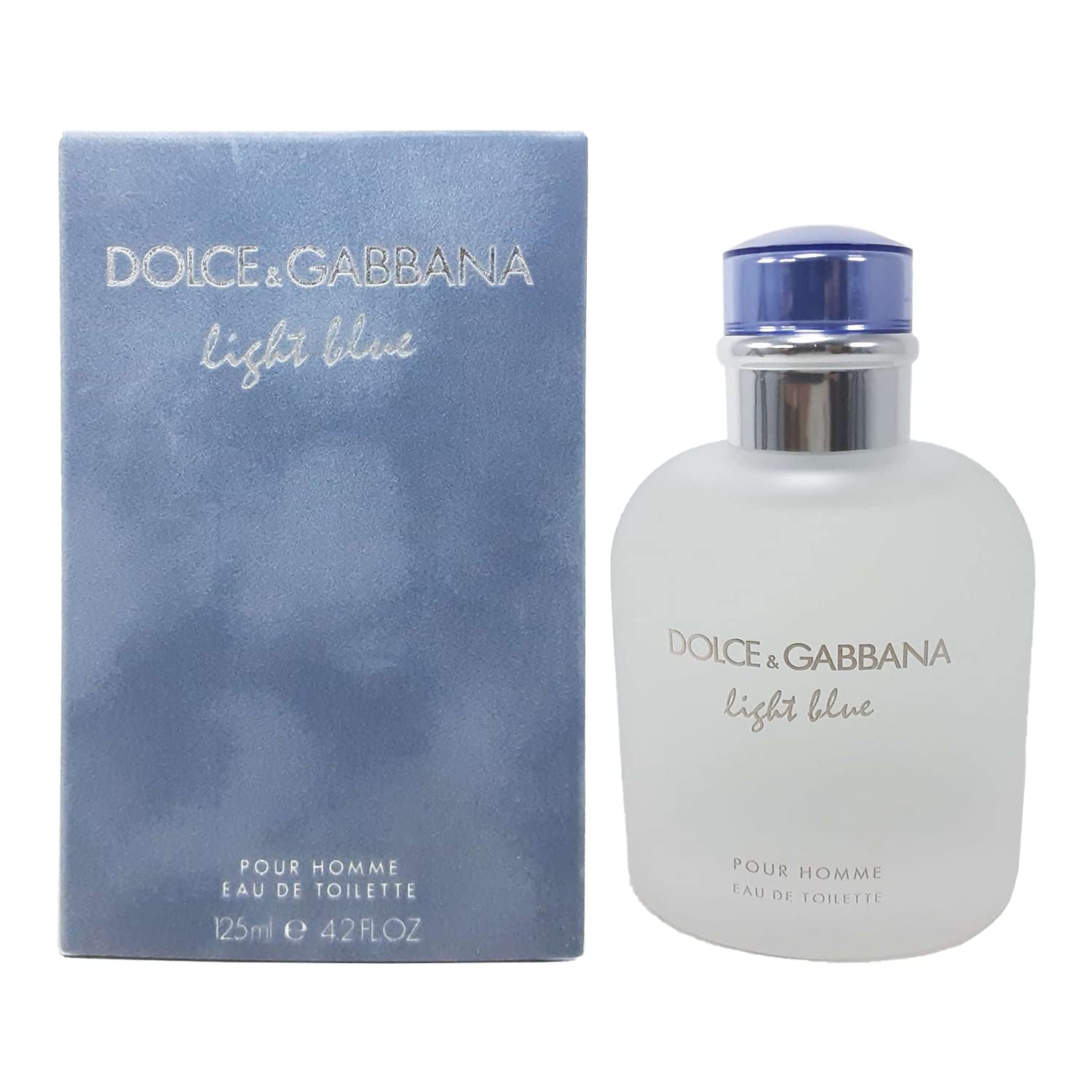 A bottle of Dolce Gabbana Light Blue 4.2 Edt for men with its packaging box.