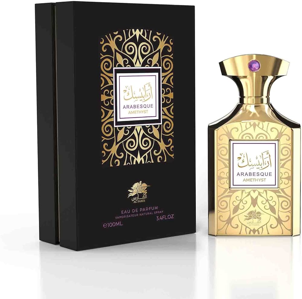 Emper Al Fares Arabesque Amethyste 3.4 EDP – an elegant unisex fragrance with ambery, woody, and floral tones in a regal bottle.
