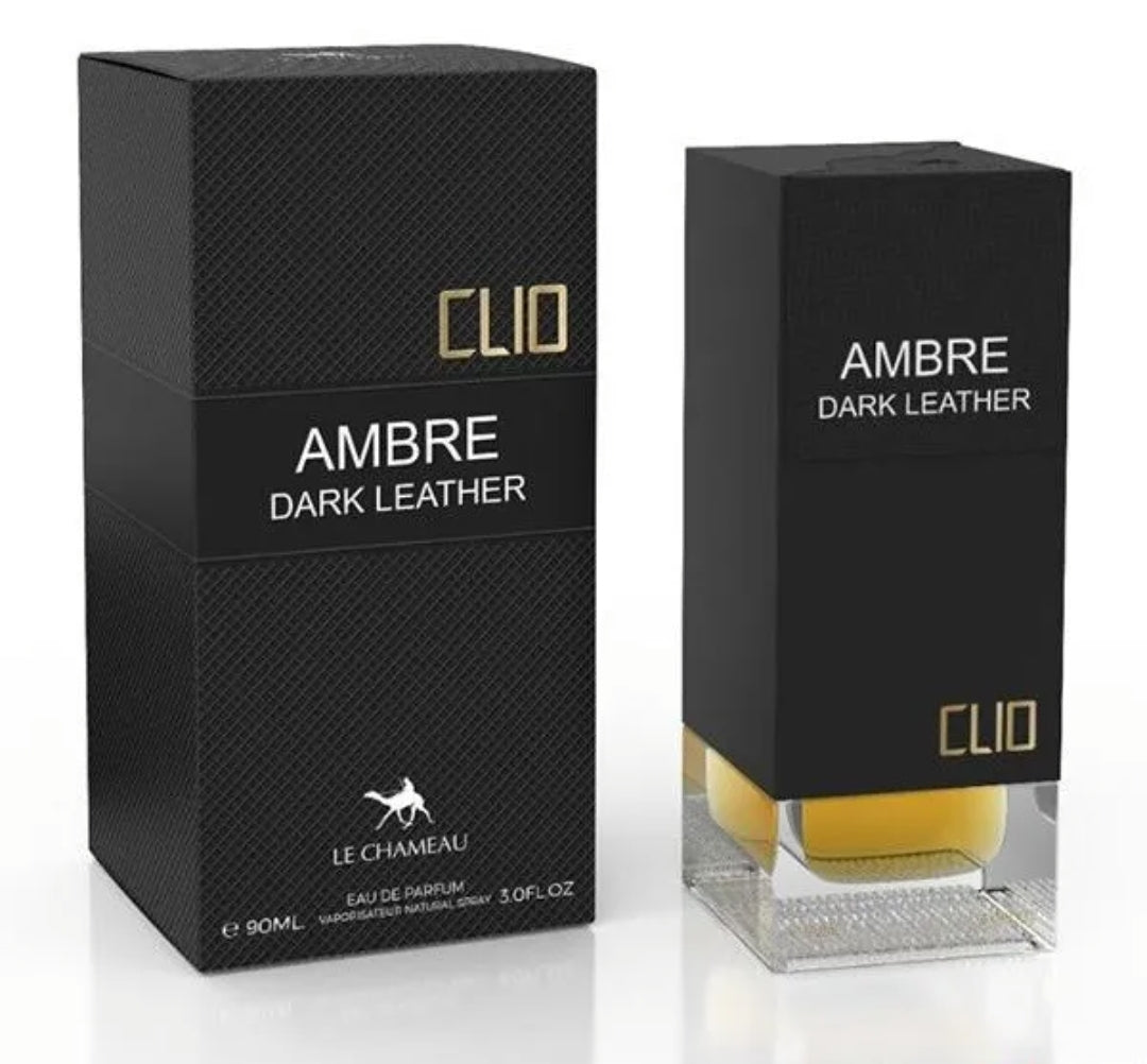 Emper Clio Ambre Dark Leather 3.0 EDP for Men, bold amber leather fragrance in a sleek dark bottle, strong long-lasting masculine perfume.