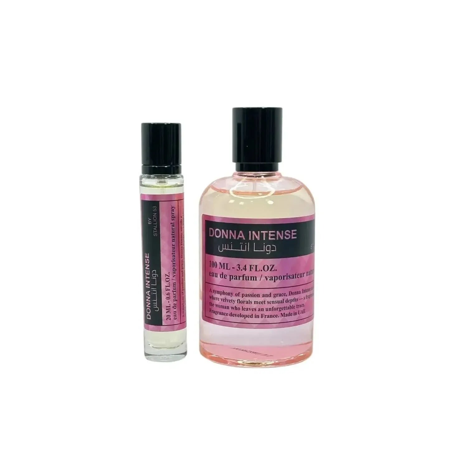 Two bottles of Donna Intense perfume on a white background