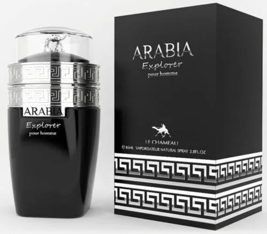 Perfume bottle and packaging of ARABIA Explorer pour homme on a white background