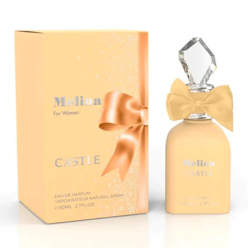 A bottle of 'Emper Melina Castle' eau de parfum natural silk for women, with a capacity of 2.75ml, accompanied by its orange packaging box adorned with a golden bow.