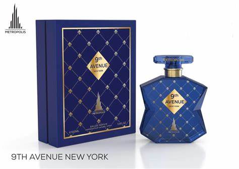 A bottle of Emper Metropolis 9th Avenue New York perfume alongside its blue packaging box with gold accents. The text on the box indicates '9th Avenue New York' and the fragrance as '3.