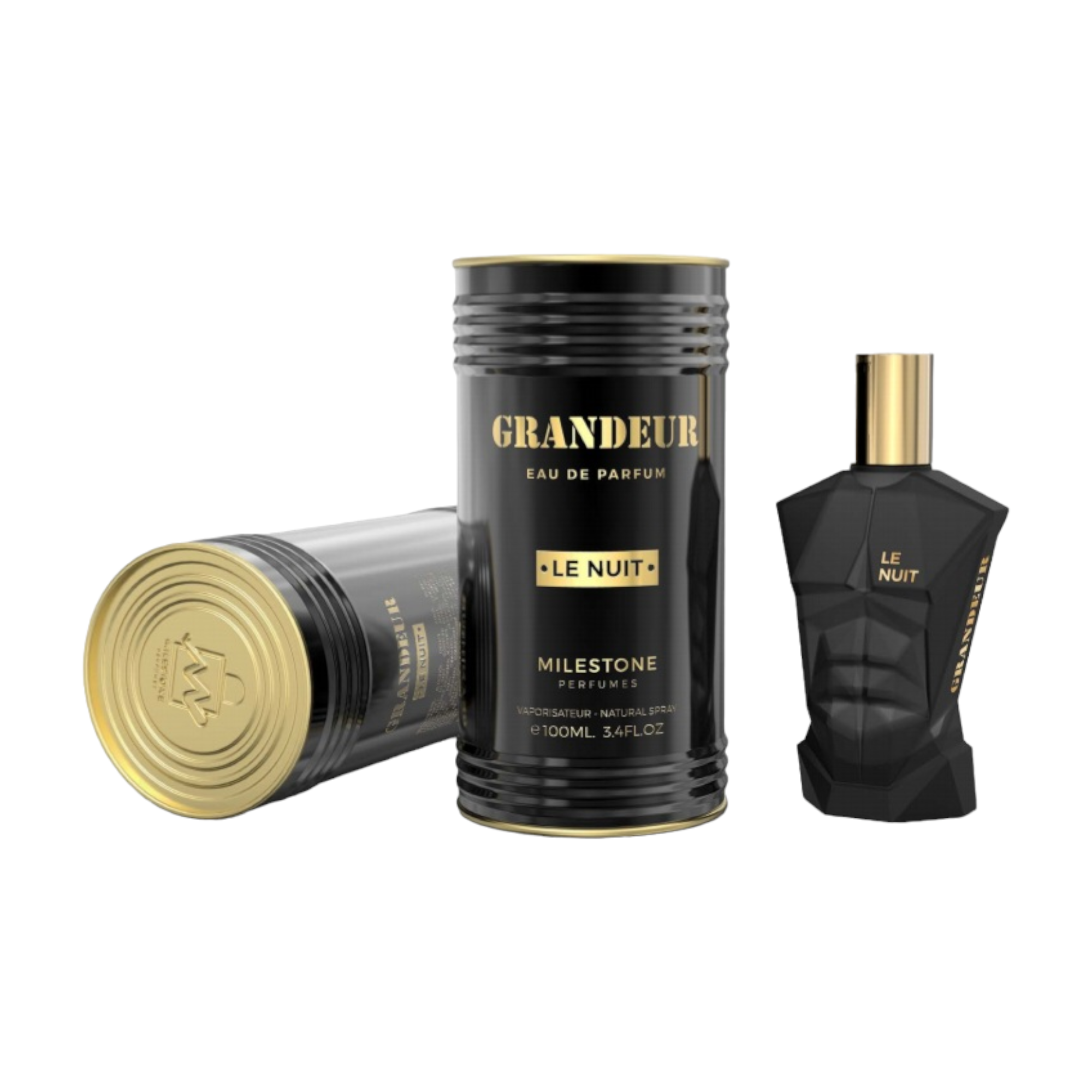 A set of products including a black and gold perfume bottle, a cylindrical container, and a packaging box, all labeled with 'GRANDEUR EAU DE PARFUM MILESTONE LE NUIT'.