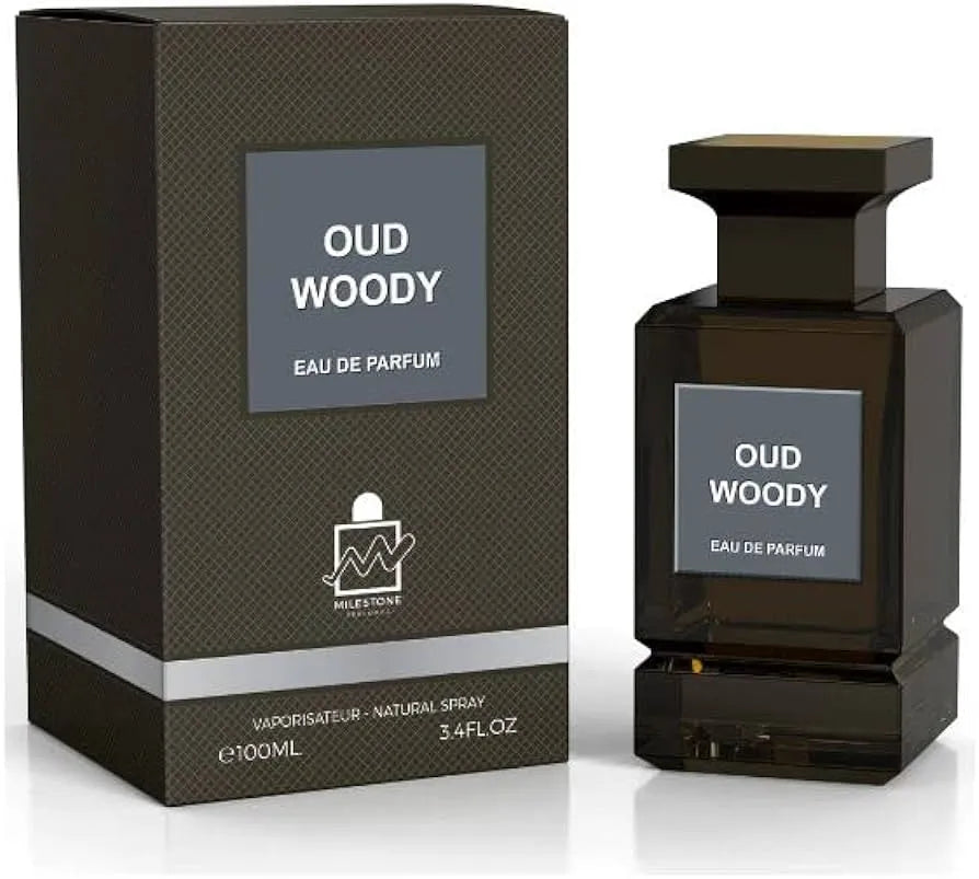 Oud Woody Eau de Parfum bottle and packaging on a white background
