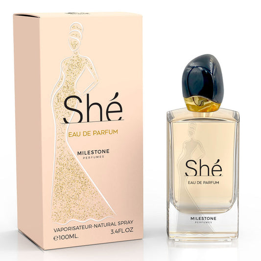 Emper Milestone She 3.4 EDP – Elegant women’s perfume with fruity-floral notes, musk, and amber. Feminine, soft, long-lasting.