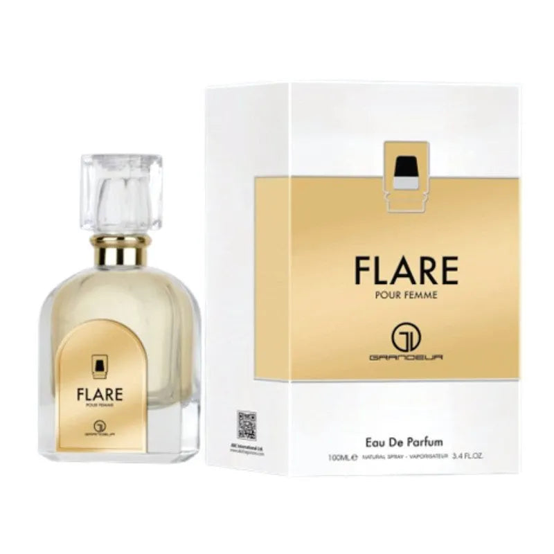 Gold and white Flare perfume bottle and packaging on a white background