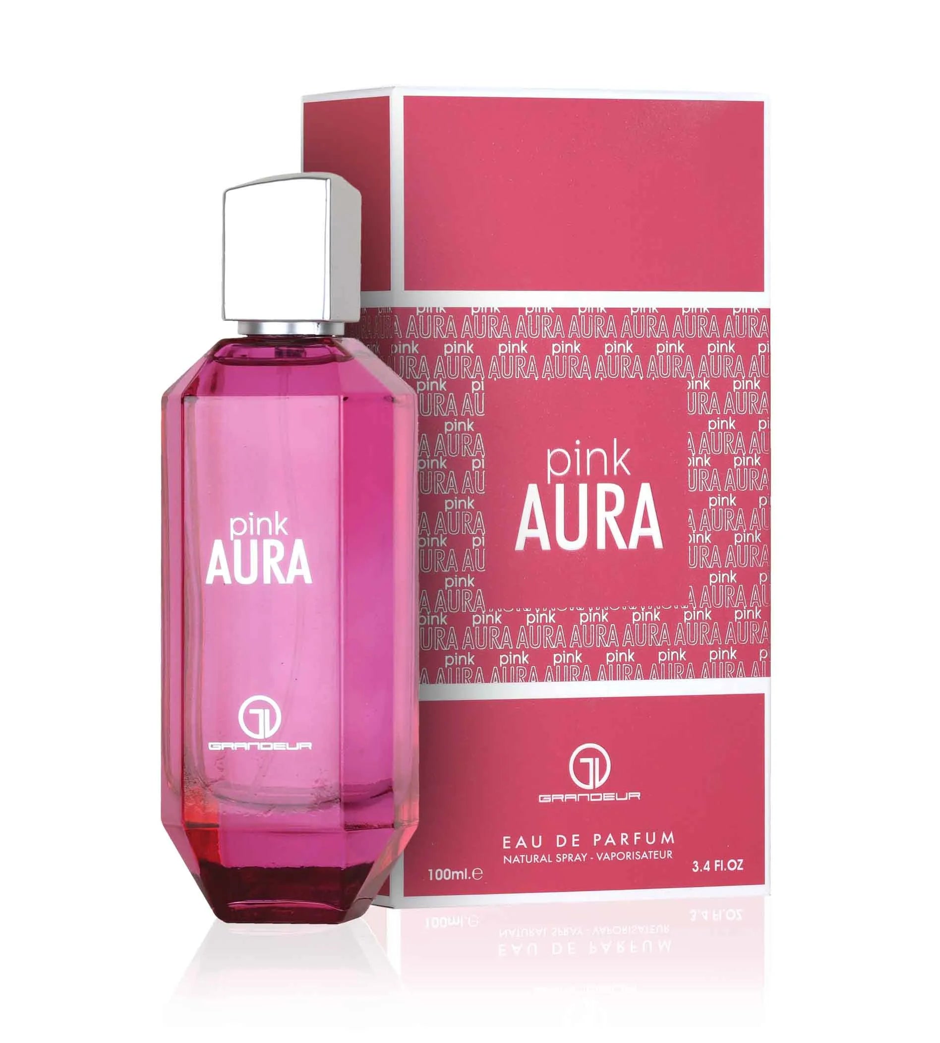 Grandeur Pink Aura 3.4 oz Eau de Parfum for women, radiant fruity floral fragrance with creamy, woody, and musky notes