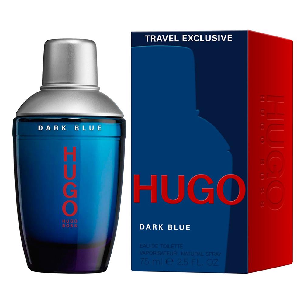 Hugo Boss Dark Blue perfume bottle and packaging on a white background