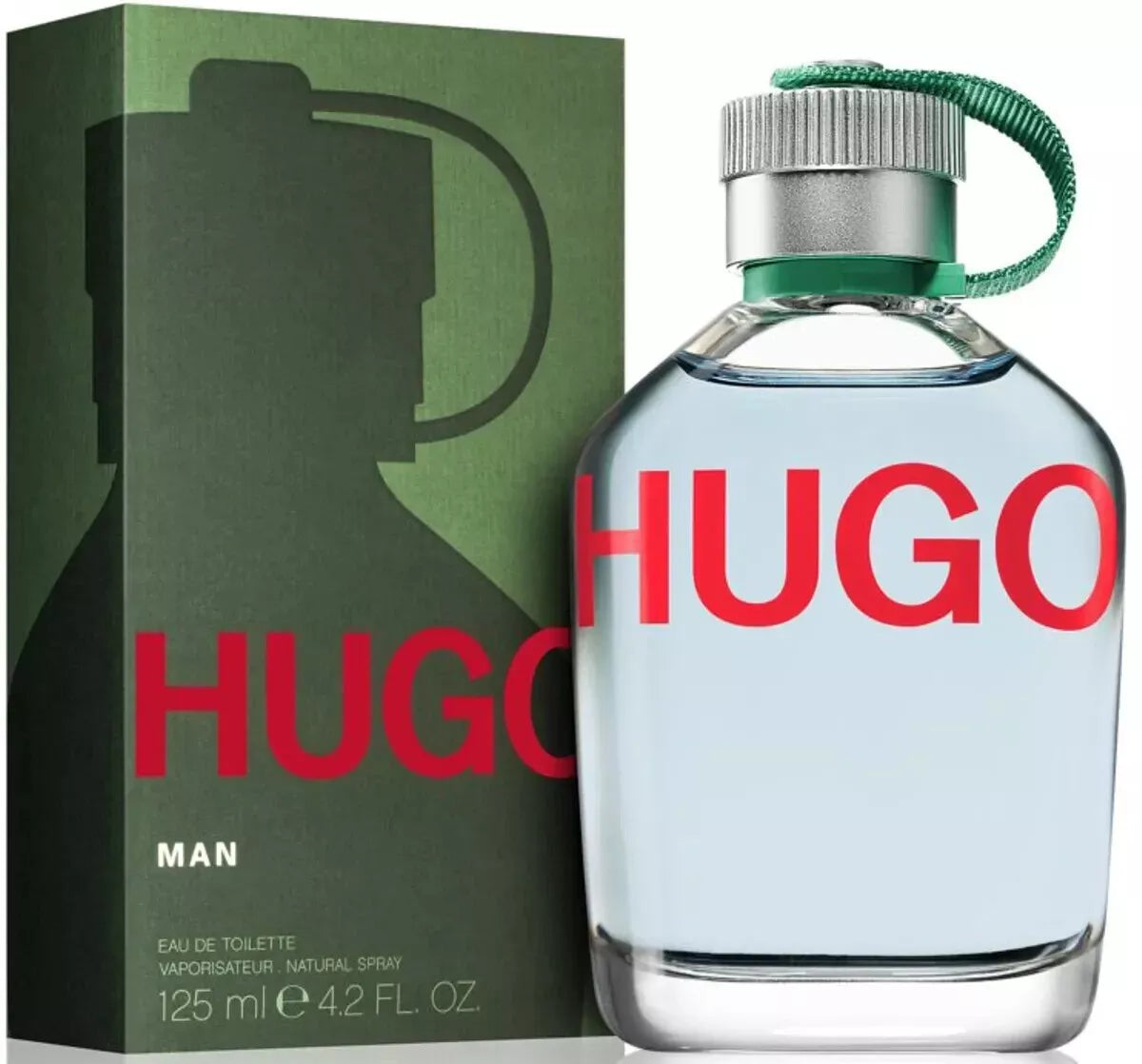 Hugo Boss perfume bottle and packaging on a white background