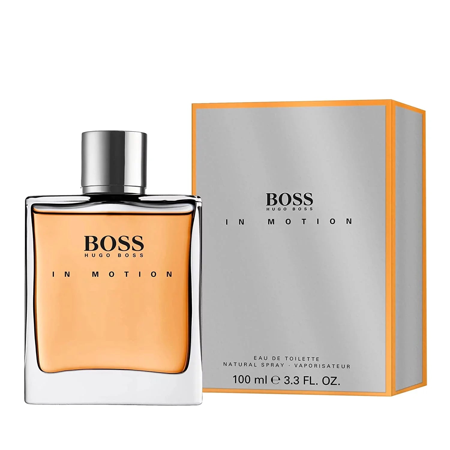 BOSS In Motion perfume bottle and packaging on a white background