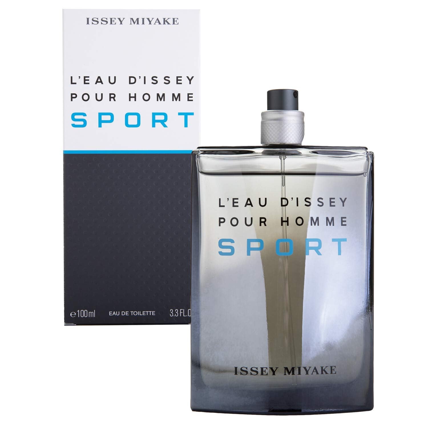 A bottle of Issey Miyake Sport eau de toilette for men with a box and bottle, featuring blue and white design elements.