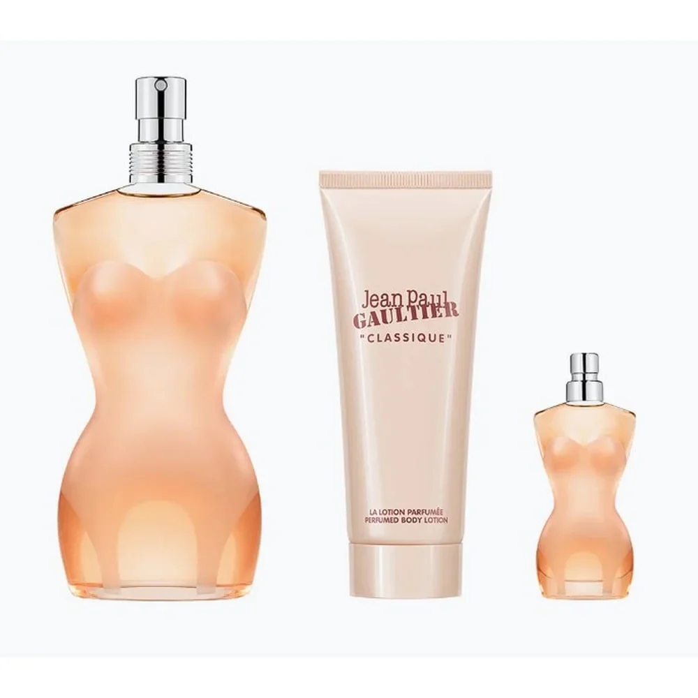 Jean Paul Gaultier Classique 3-piece women's fragrance gift set with 3.4 oz bottle and accessories