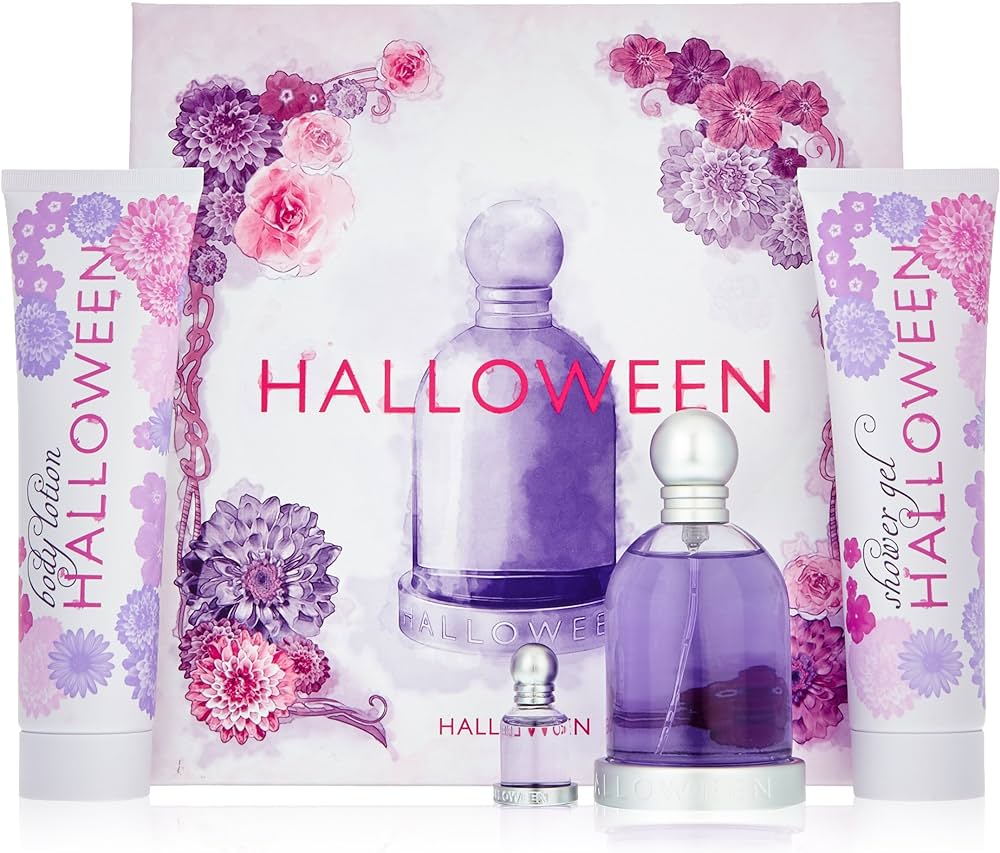 A set of Jesus del Pozo Halloween-themed perfumes, featuring a bottle with a purple label, a smaller bottle, and a box with floral designs and the word 'Halloween' prominently displayed.