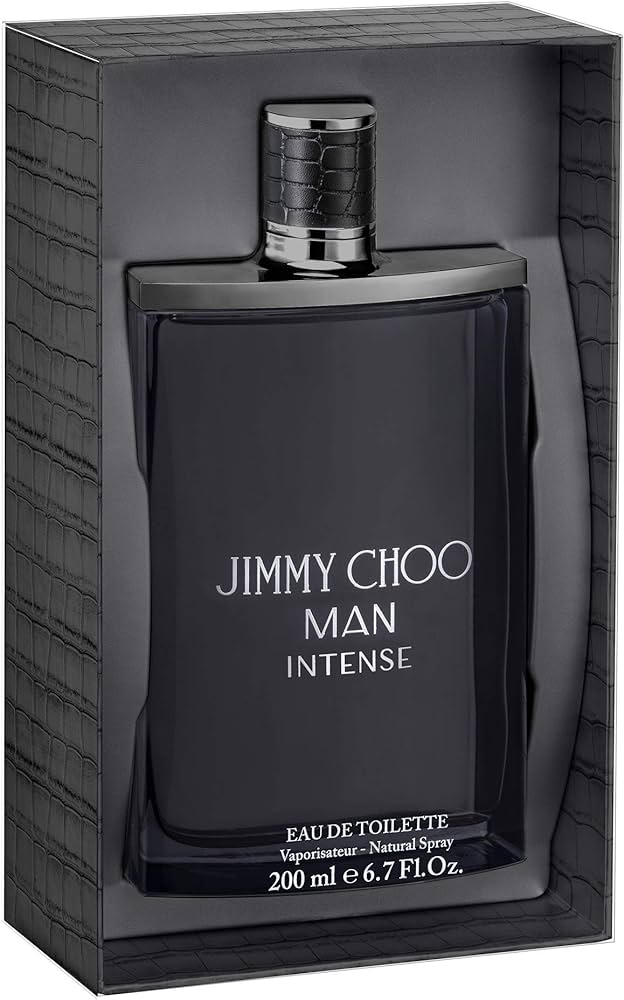 Black perfume bottle with 'Jimmy Choo Man Intense' text in a gray box