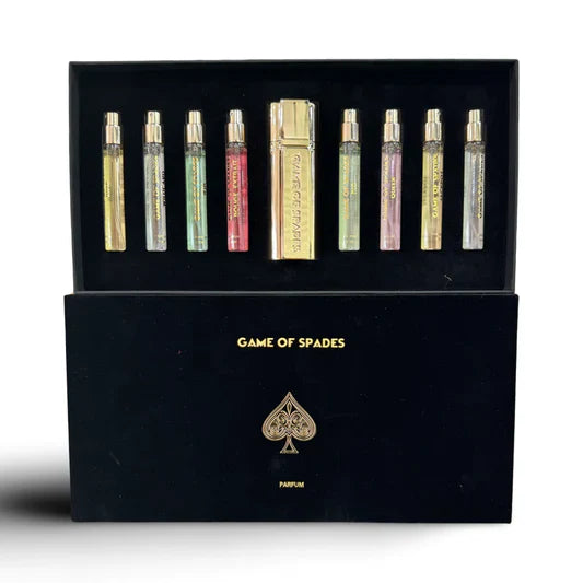 Jo Milano Game of Spades 9-piece perfume set – 10ml unisex fragrances featuring bold, luxurious scents in collectible mini bottles.

