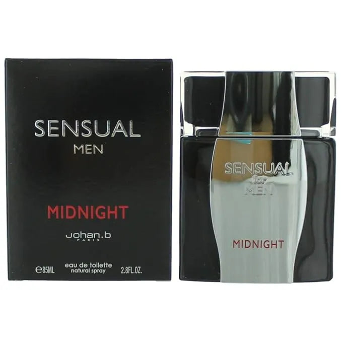 Sensual Men Midnight perfume bottle and packaging on a white background
