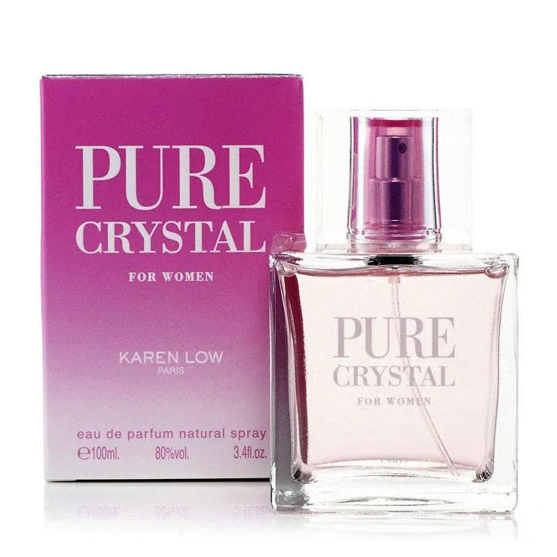Perfume bottle and packaging of 'Pure Crystal' for women by Karen Low on a white background