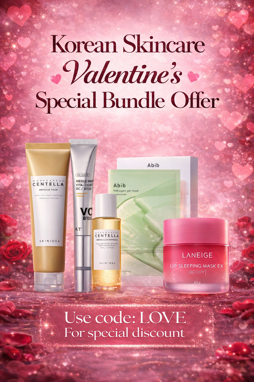 Korean Skincare Valentine’s Special Bundle featuring Centella, Abib, VT eye cream, and Laneige lip mask