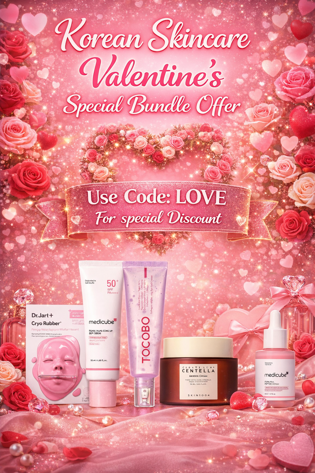 Korean Skincare Valentine’s Special Bundle with Centella Madagascar, Abib Heartleaf masks, VT Reedle Shot eye cream, and Laneige Lip Sleeping Mask
