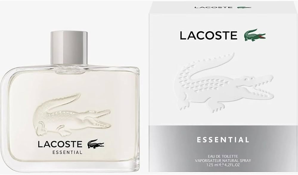 Lacoste essential perfume bottle and packaging on a white background