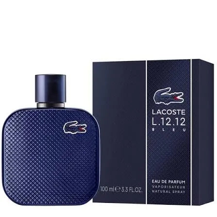 Lacoste L.12.12 Bleu Eau de Parfum 100ml bottle next to its dark blue packaging box, featuring the classic crocodile logo.