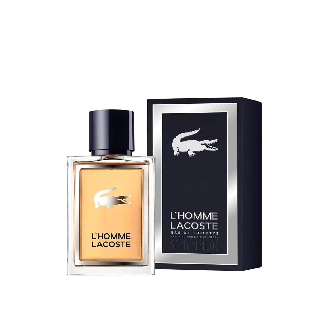 L'Homme Lacoste Eau de Toilette perfume bottle with a black cap next to its black and silver packaging box, featuring the iconic crocodile logo.