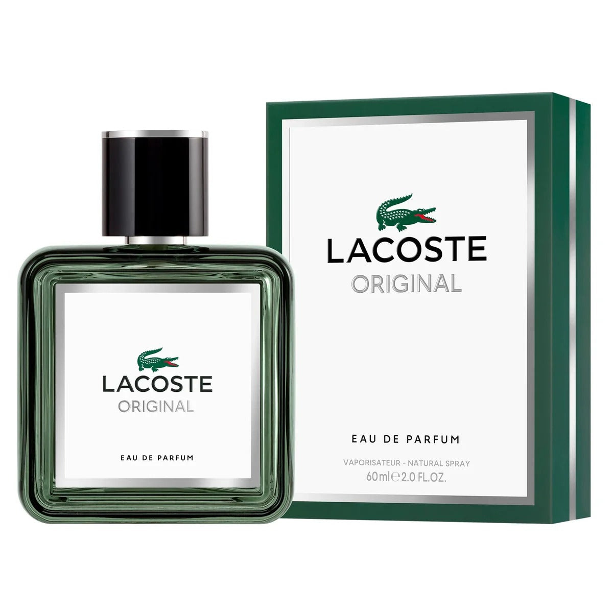 Lacoste Eau de Parfum bottle and packaging on a white background