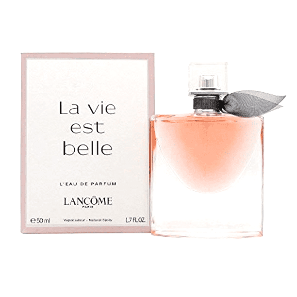 Lancome La Vie Est Belle perfume bottle and packaging on a white background