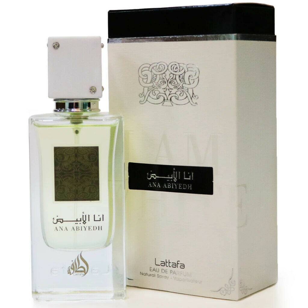Lattafa perfume bottle and packaging on a white background