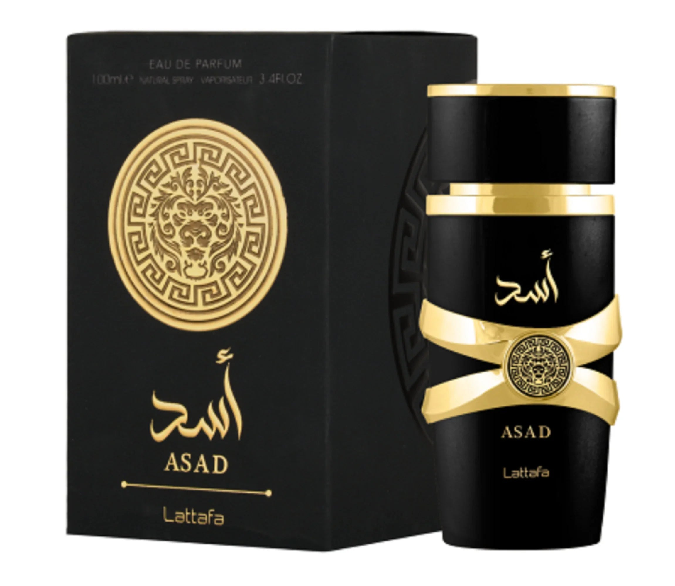 Black and gold Asad Lattafa perfume bottle and packaging on a white background