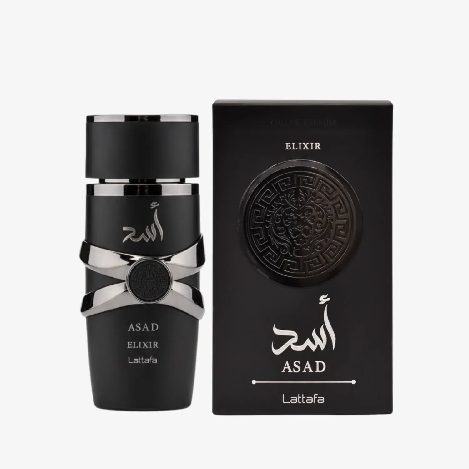 Black perfume bottle and packaging with 'ASAD' branding on a white background