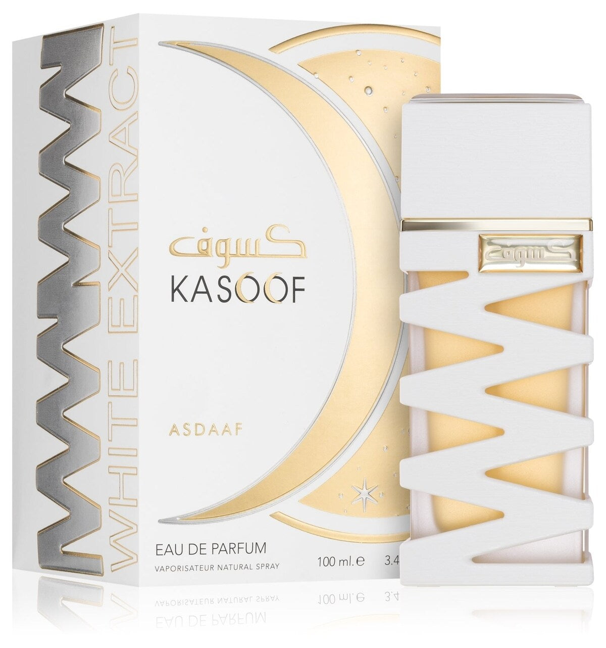 Kasoof White Extract Eau de Parfum packaging with white and gold design