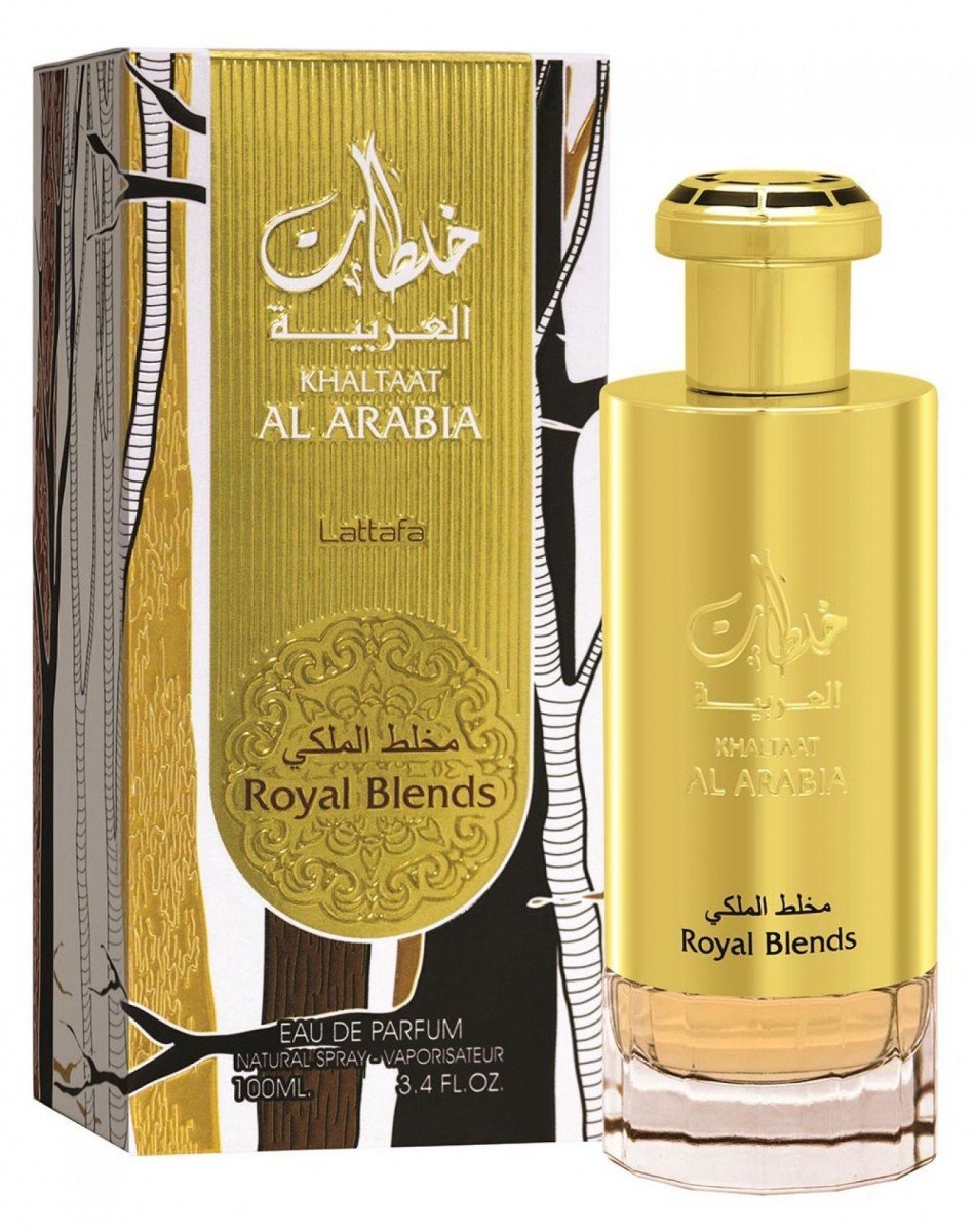 Gold perfume bottle and packaging of Khaltaat Al Arabia Royal Blends by Lattafa on a white background