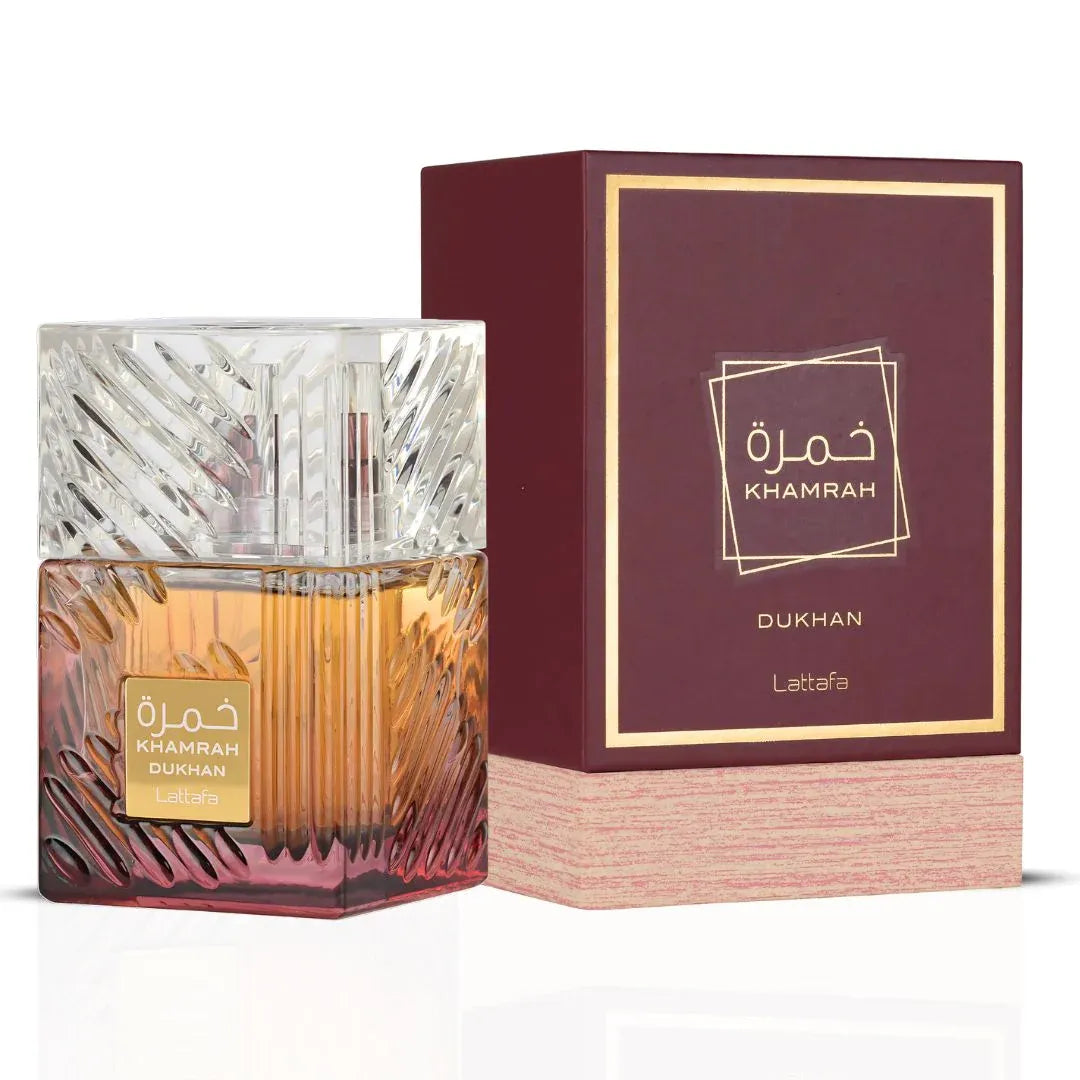 Lattafa Khamrah Dukhan 3.4 oz Eau de Parfum unisex bottle, bold smoky fragrance with amber, woody, and musky notes