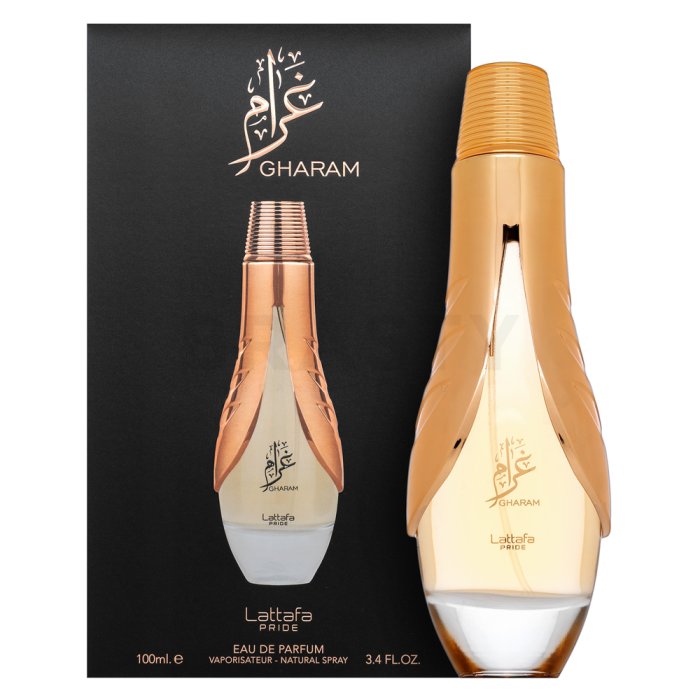 Lattafa Prise perfume bottle and packaging with 'Gharam' branding on a white background