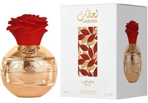 Lattafa Pride Lahdath 2.7 oz Eau de Parfum unisex bottle, warm elegant fragrance with fruity, floral, amber, and musky notes