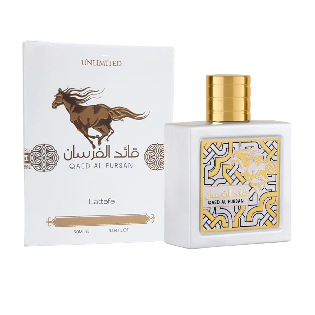 Qaed Al Fursan perfume bottle and packaging on a white background