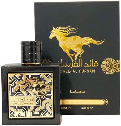 Lattaafa Qaed Al Fursan perfume bottle and packaging with a gold horse design.