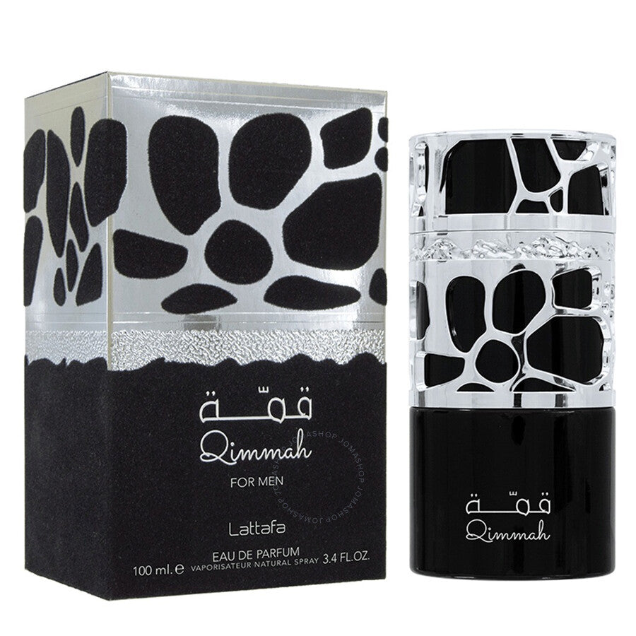 Qimmah perfume bottle and packaging with black and white design