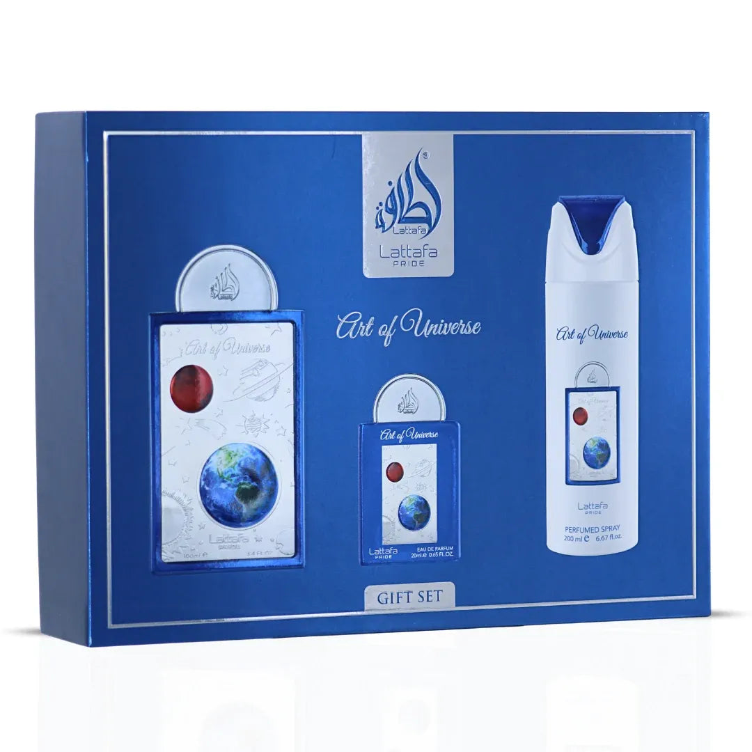 Lattafa Pride Art of Universe 3 piece gift set with 3.4 oz Eau de Parfum unisex, modern luxury fragrance set