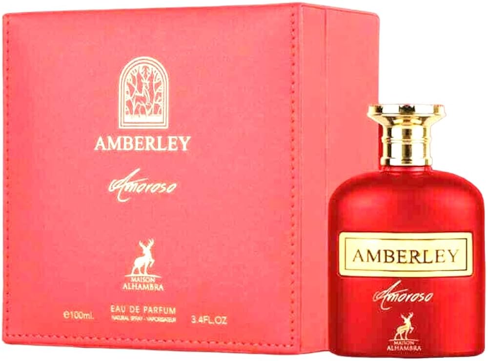 Red Amberley Amoroso perfume bottle and packaging on a white background