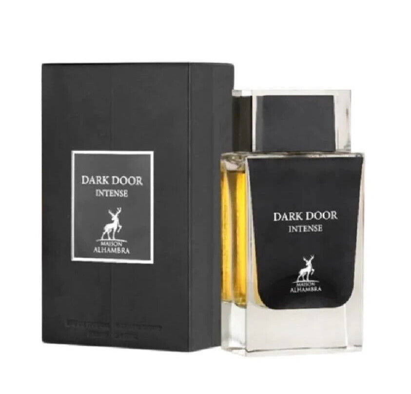 Maison Alhambra Dark Door Intense 3.4 EDP M – bold men’s perfume in a sleek dark bottle, long-lasting Eau de Parfum with intense woody and spicy notes.