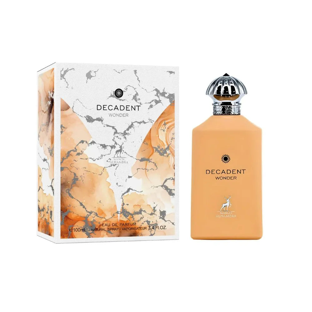 Maison Alhambra Decadent Wonder 3.4 oz Eau de Parfum unisex bottle, rich warm fragrance with amber, woody, and musky notes