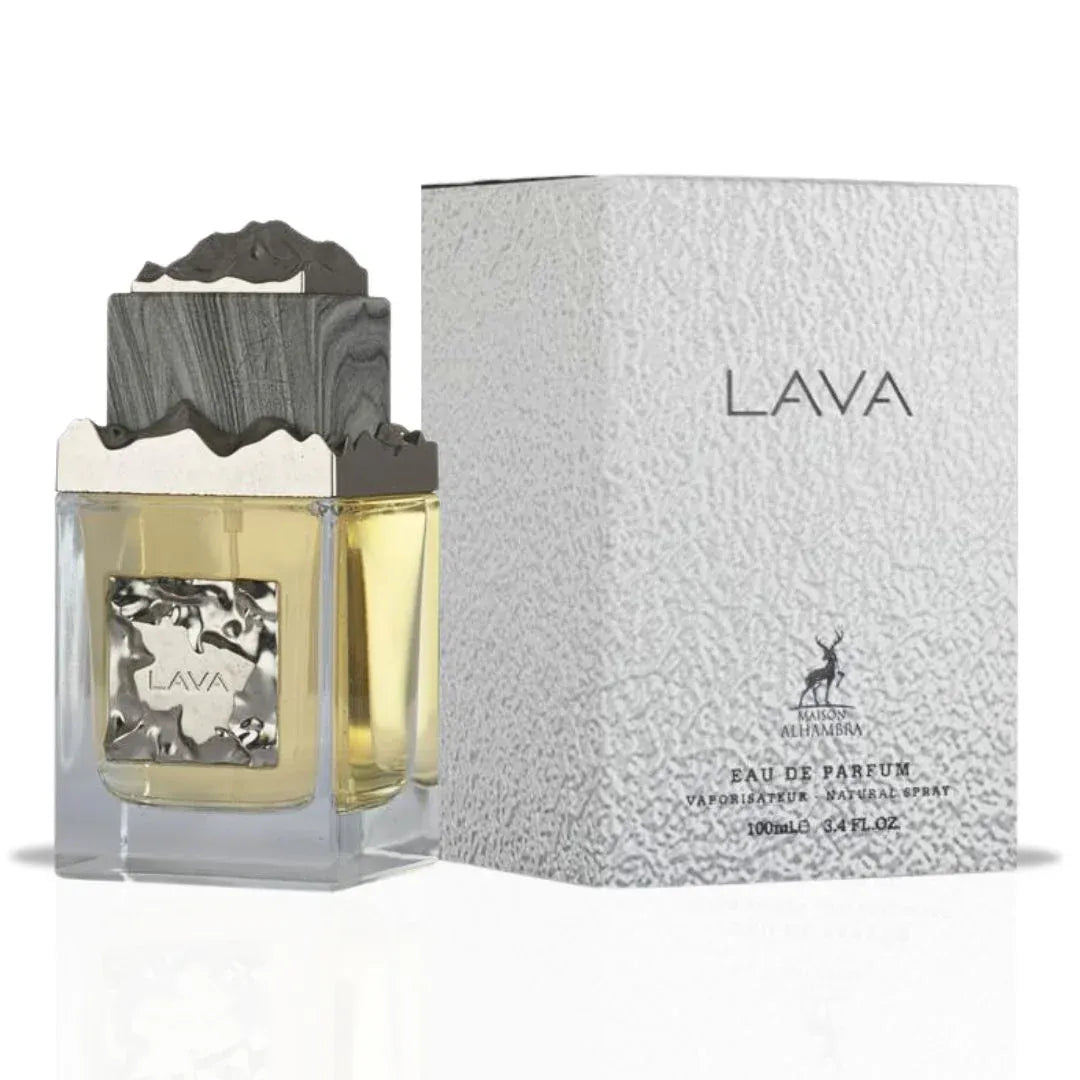 Maison Alhambra Lava 3.4 oz Eau de Parfum unisex bottle, warm dark fragrance with spicy woody and smoky amber notes