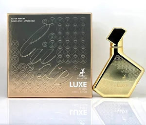 Maison Alhambra Luxe Gold 3.4 oz Eau de Parfum unisex bottle, rich luxury fragrance with amber, woody, and musky notes