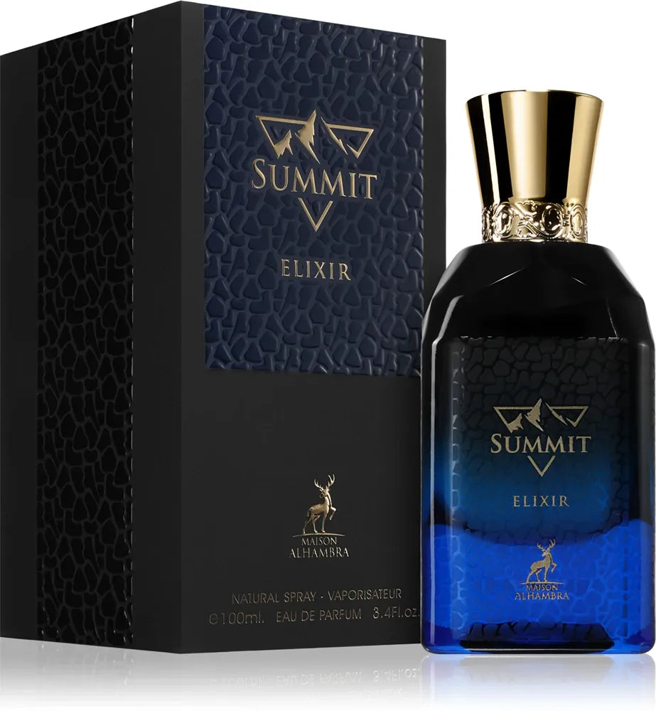 Maison Alhambra Summit Elixir 3.4 EDP men’s perfume bottle with bold aromatic woods and amber musk scent