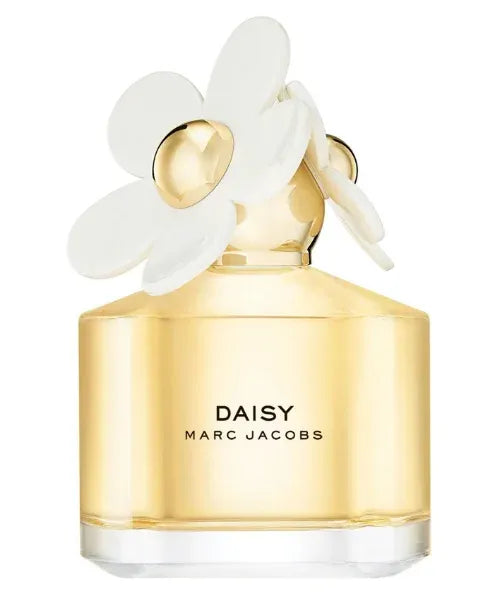 Marc Jacobs Daisy perfume bottle with a white flower on a white background