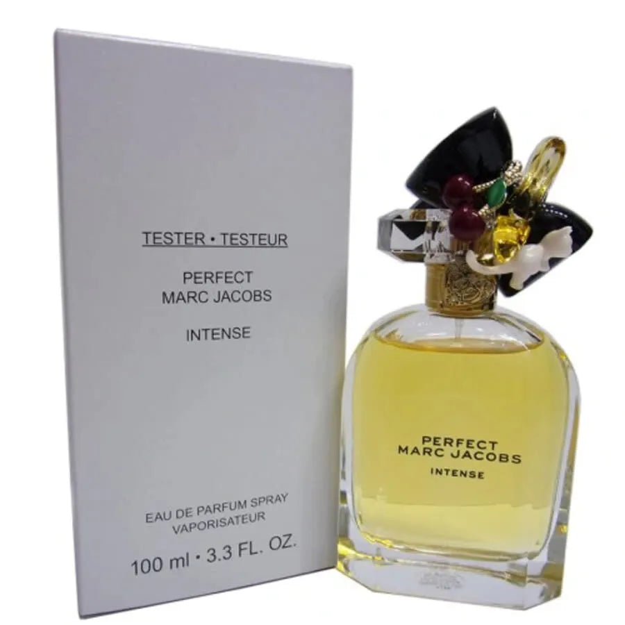 Perfume bottle and packaging of Marc Jacobs Perfect Intense on a white background
