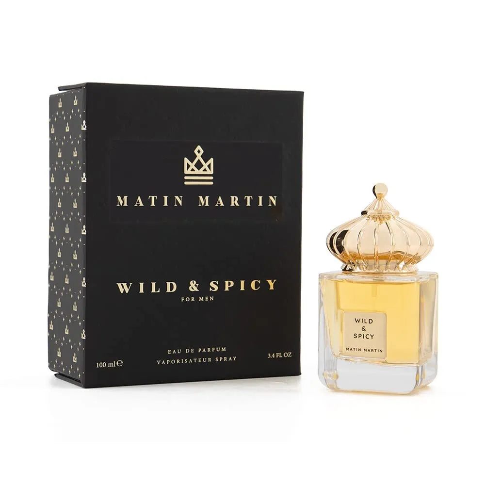 Matin Martin Wild & Spicy 3.4 EDP for Men – bold warm spicy fragrance in a sleek black bottle, intense long-lasting masculine perfume.